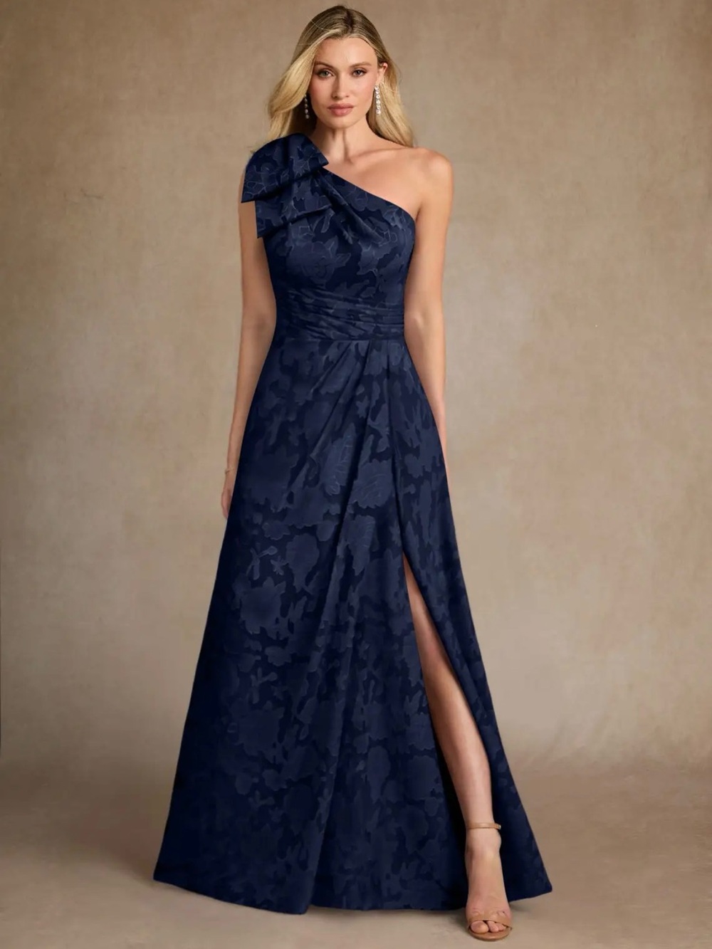 One-Shoulder Navy Floral Jacquard Evening Dress